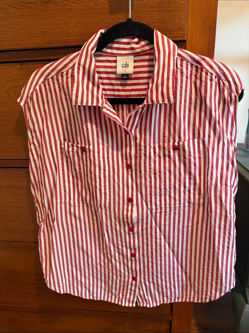 CAbi Red and White Striped Sleeveless Button-Down Top